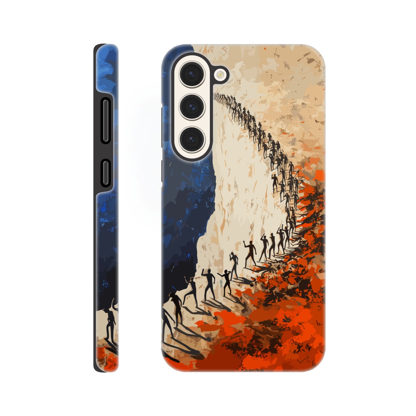 A Samsung Galaxy S23 Plus Phone Case with the following design on it: a very large group of human forms all pointing in different directions as they are marching towards a cliff, royal blue, white, red, orange, style of fauvism