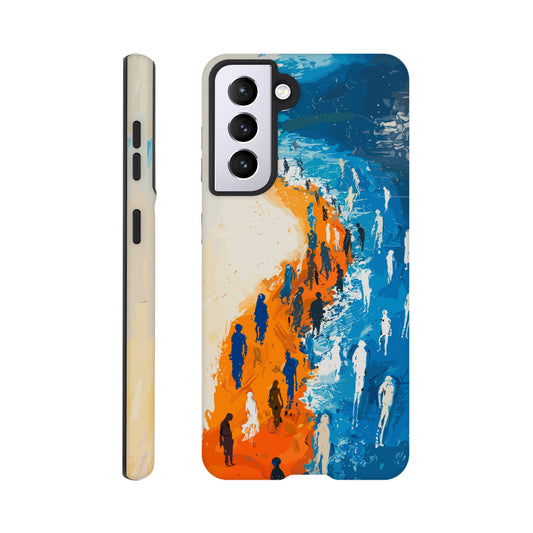 A Samsung Galaxy S21 Phone Case with the following design on it - the Sahara desert pouring into a beautiful ocean while a large group of non distinct human forms wade through the shallows as well as walk along the new shore, blue, orange, white, style of fauvism