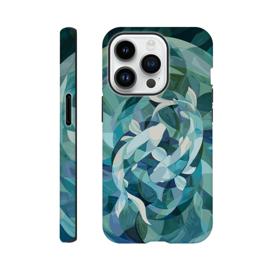 An Apple iPhone 14 Pro Phone Case with the following design on it : A representation of the Pisces zodiac sign depicted as follows - A geometric abstract painting of fish swimming in circles, using shades and shapes to create the illusion that they form an endless circle. The color palette is soft with pastel blues and greens, giving it a calming effect. This artwork symbolizes motion, energy flow, chaos theory, infinite reflection, balance between movement and stillness