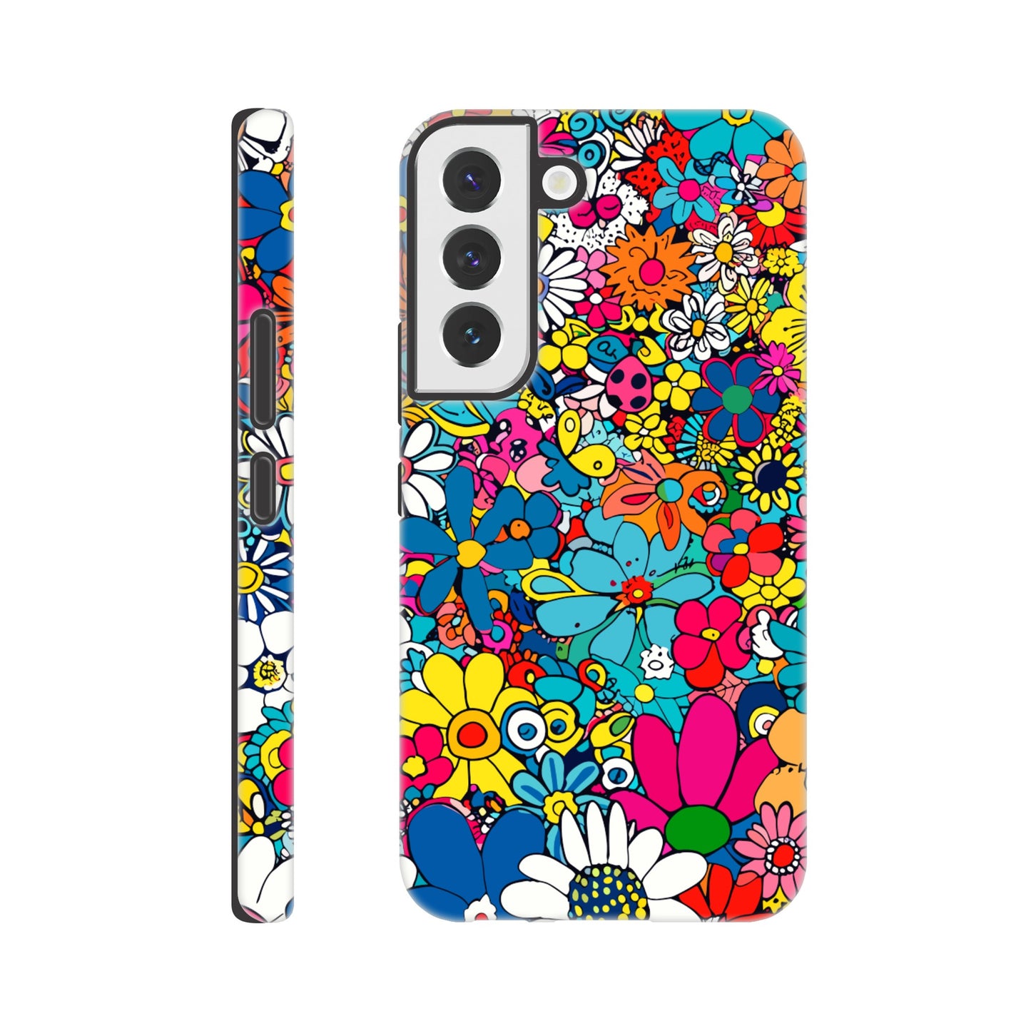 A Samsung Galaxy S22 Phone Case with the following design on it : Lots of retro looking flowers of multiple colors with no discernible arrangement against a white background. 