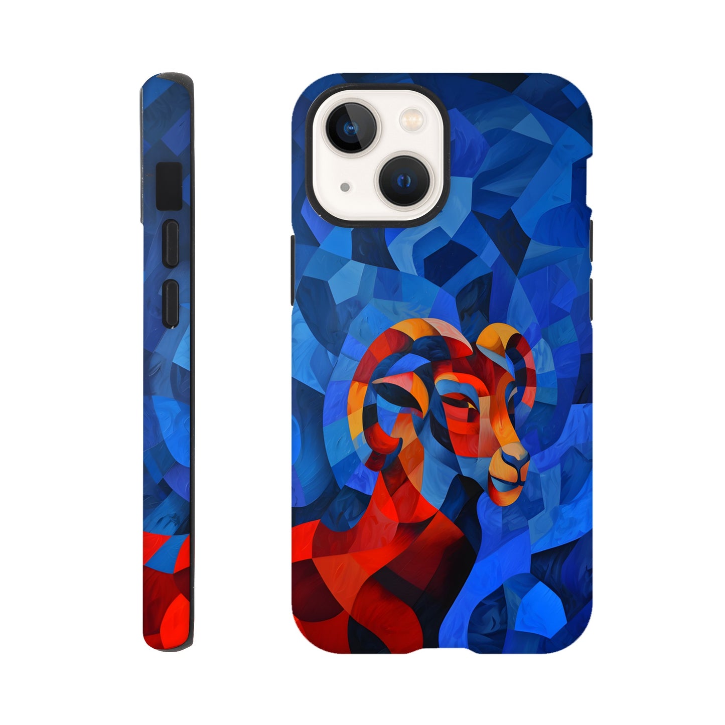 An Apple iPhone 13 Mini Phone Case with a design of an Aries astrological sign- a Ram, in the style of cubism, blue, red,