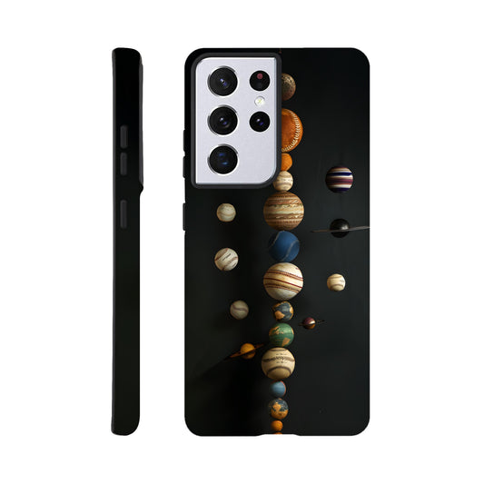 A Samsung Galaxy S21 Ultra phone case with a design depicting our solar system with baseballs in place of planets