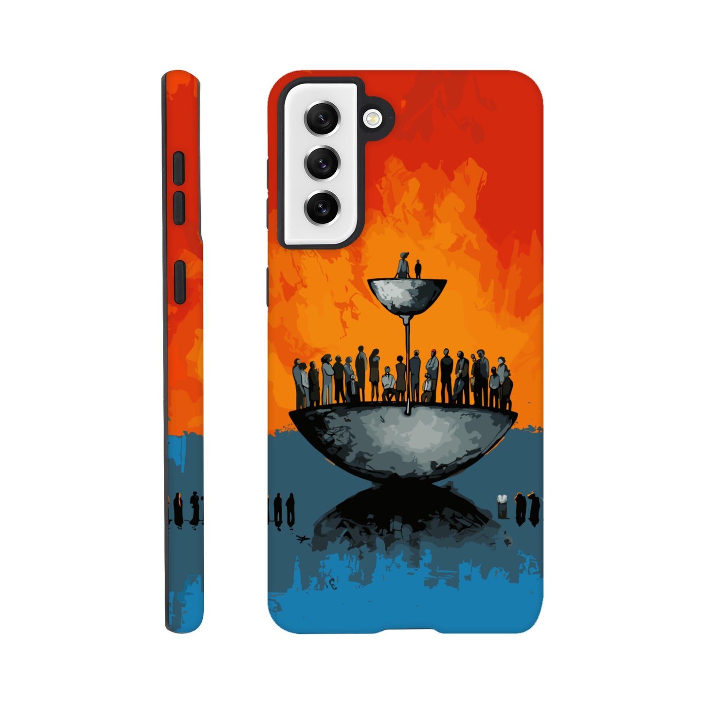 A Samsung Galaxy S21 Plus Phone Case with the following design on it - A large person is sitting in a bowl of a weighing scale. There is a larger bowl beneath this with lots of people in it. Income Inequality is theme, pop art, blue, orange, black, and red