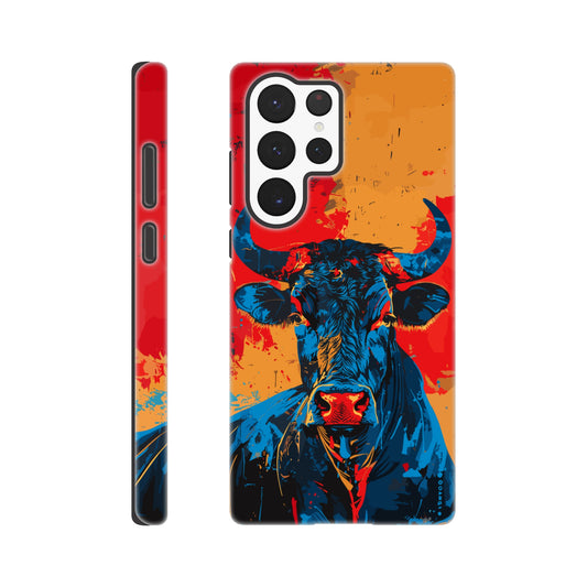 A Samsung Galaxy S22 Ultra Phone Case with the following design on it: Abstract blue bull on a red background in the style of urban graffiti, the Bull is the symbol for the astrological sign of Taurus, flat painting with brush strokes, strong color contrast in the style of urban street art, cool and confident expression of the blue ox with an eye-catching label and strong visual impact