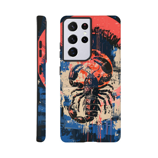 A Samsung Galaxy S21 Ultra Phone Case with the following design on it : A painting of a Scorpio with red accents, the Scorpio is the symbol for the astrological sign Scorpio, the Scorpio is positioned in the center against abstract blue and white brushstrokes, within a pink circle. The artwork has a splattered, chaotic background.