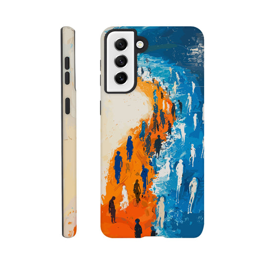 A Samsung Galaxy S21 Plus Phone Case with the following design on it - the Sahara desert pouring into a beautiful ocean while a large group of non distinct human forms wade through the shallows as well as walk along the new shore, blue, orange, white, style of fauvism