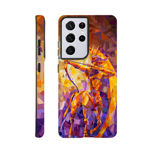 A Samsung Galaxy S21 Ultra Phone Case with the following design on it: A centaur- the half man half horse archer and symbol of the astrological sign Sagittarius, the character is imagined through an artist who is adept at the artistic style of cubism, orange, purple, yellow