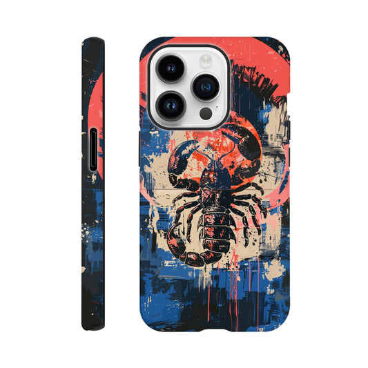 An Apple iPhone 14 Pro Phone Case with the following design on it : A painting of a Scorpio with red accents, the Scorpio is the symbol for the astrological sign Scorpio, the Scorpio is positioned in the center against abstract blue and white brushstrokes, within a pink circle. The artwork has a splattered, chaotic background.