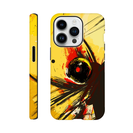 An Apple iPhone 14 Pro Phone Case with the following design on it : Abstract drawing of a humanoid insect hybrid figure,  red and black colors. In the style of comic brush strokes that creates a kind of frenetic energy with a light yellow background.