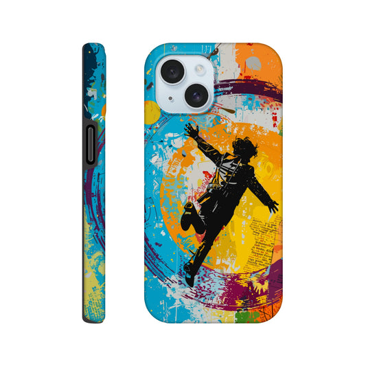 An Apple iPhone 15 Phone Case with the following design on it -A graffiti style painting of the back of a human male in a suit falling in mid-air, with bold colors. The background is filled with vibrant splashes of color and newspaper texture in the style of American pop art