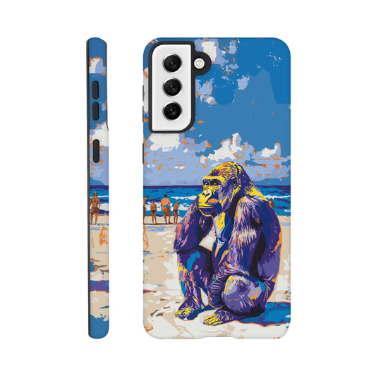 A Samsung Galaxy S21 Plus with a design of a Gorilla at the beach thinking while a diverse group of people stroll along the beach in the background, royal blue, orange, purple, yellow, white, fauvism meets pop art