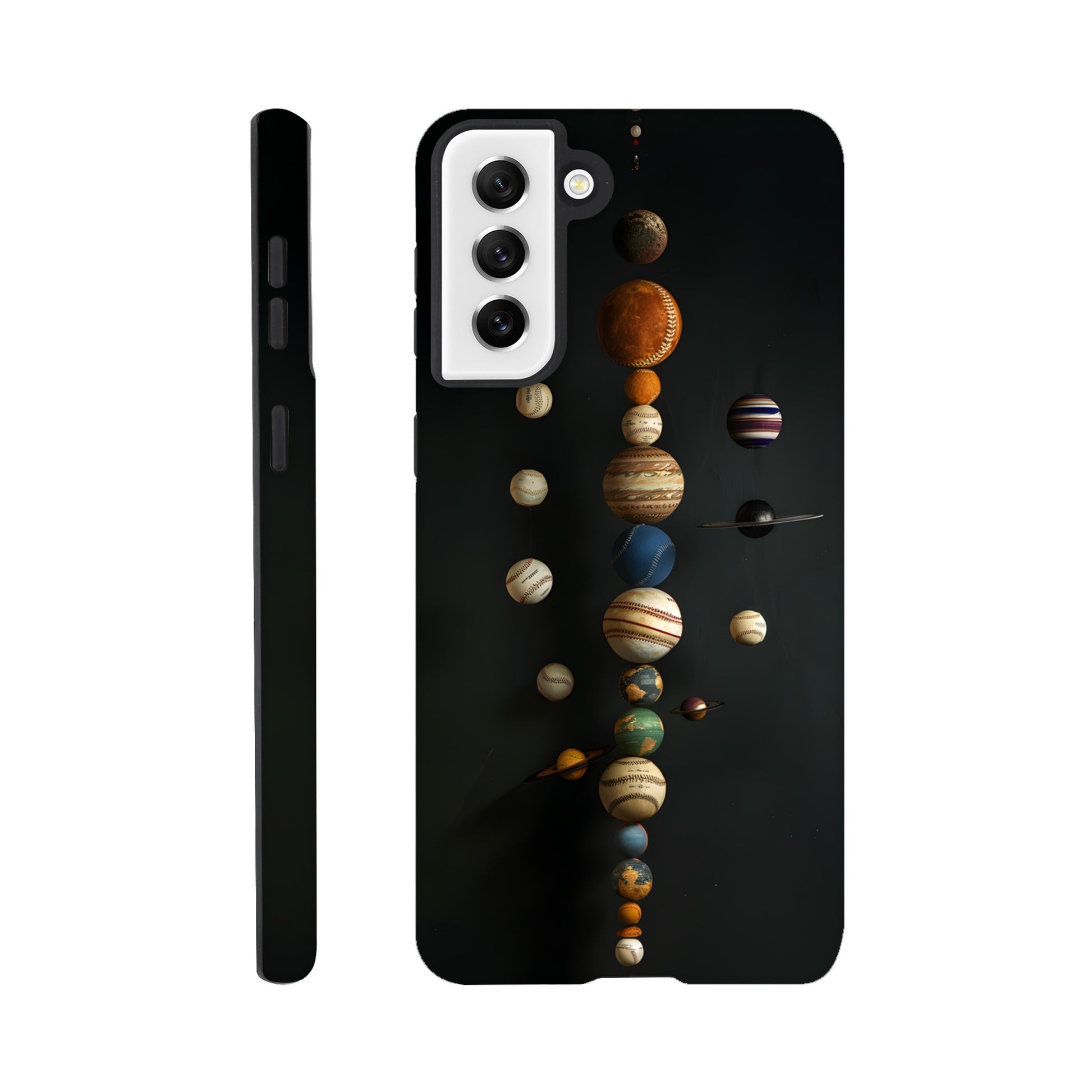 A Samsung Galaxy S21 Plus phone case with a design depicting our solar system with baseballs in place of planets