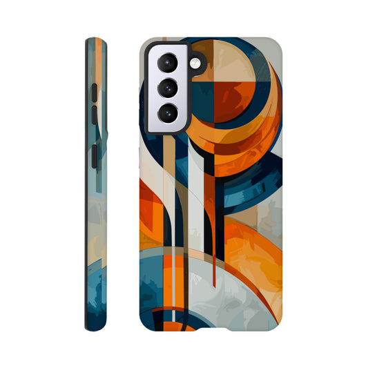 A Samsung Galaxy S21 Phone Case with the following design on it: An abstract painting of an orange, blue and white circular design with lines in the style of cubism. The shapes create visual harmony by creating balance between soft curves and sharp angles. It uses flat color to give depth through gradients. There is an emphasis on the use of light and shadow. In some places there's an airbrush effect.