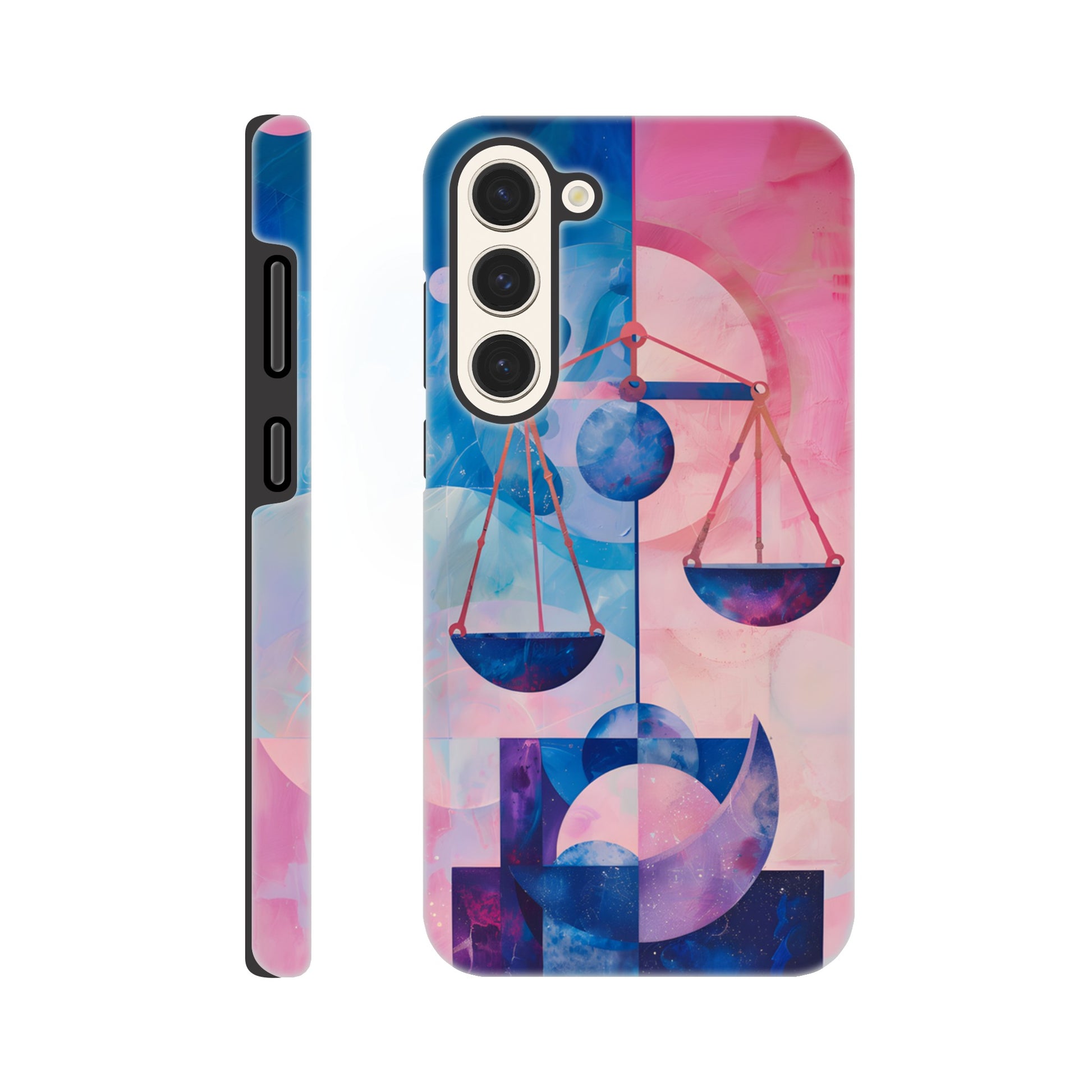 A Samsung Galaxy S23 Plus Phone Case with the following design on it : The Zodiac symbol for Libra, scales of justice theme, planet Venus in the background, Bauhaus style, royal blue, light pink