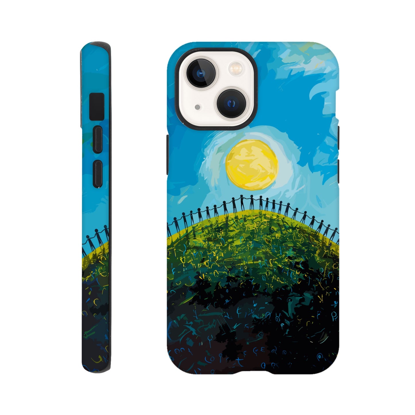 An Apple iPhone 13 Mini Phone Case with the following design on it : a large group of dozens of non distinct human forms holding hands under a bright sun on a beautiful green hill with a beautiful blue sky above, pop art