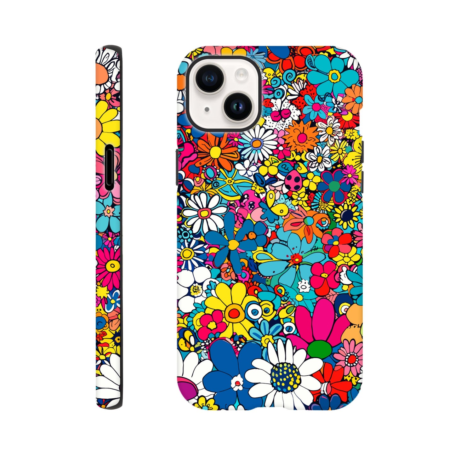 An Apple iPhone 14 Plus Phone Case with the following design on it : Lots of retro looking flowers of multiple colors with no discernible arrangement against a white background. 