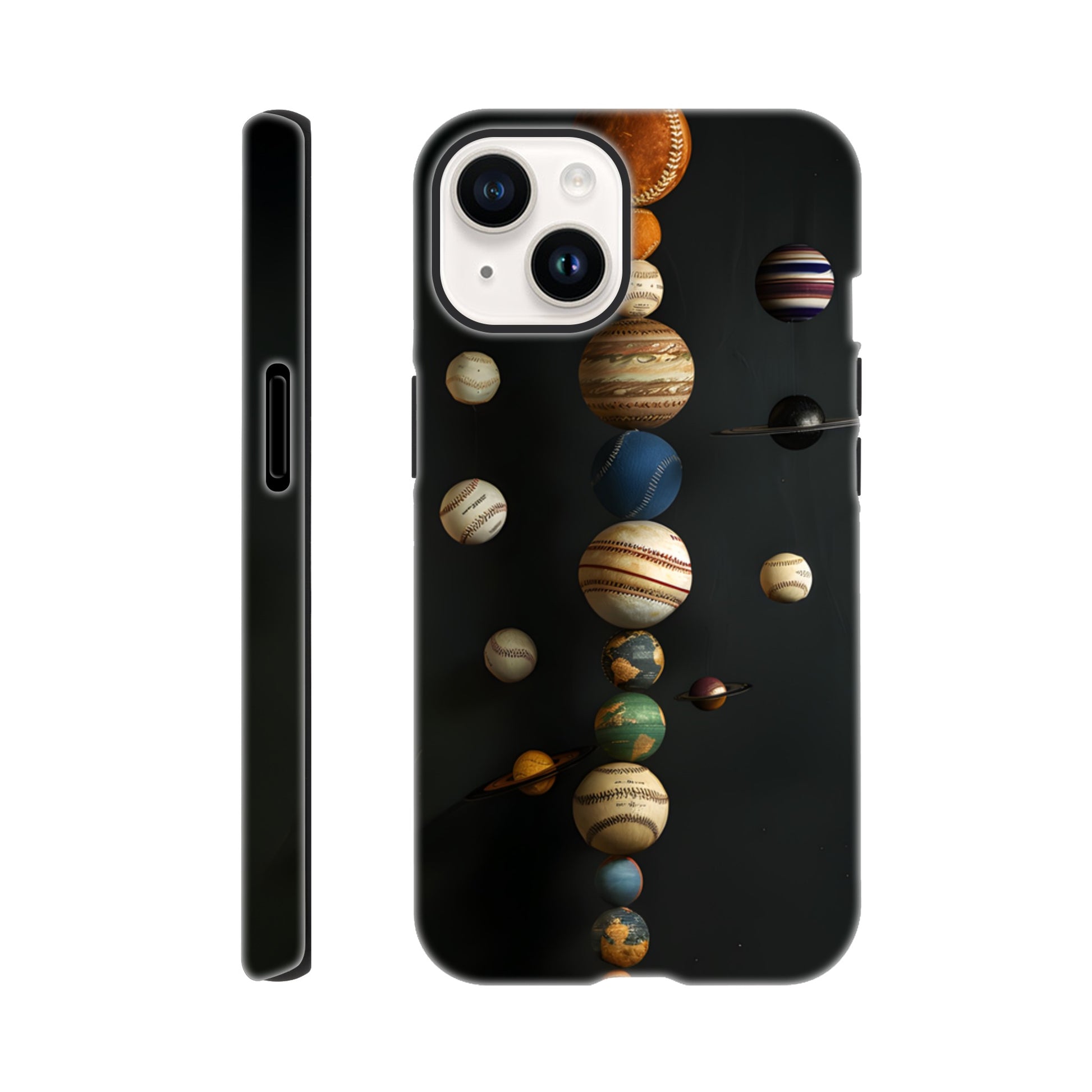 An Apple iPhone 14 phone case with a design depicting our solar system with baseballs in place of planets