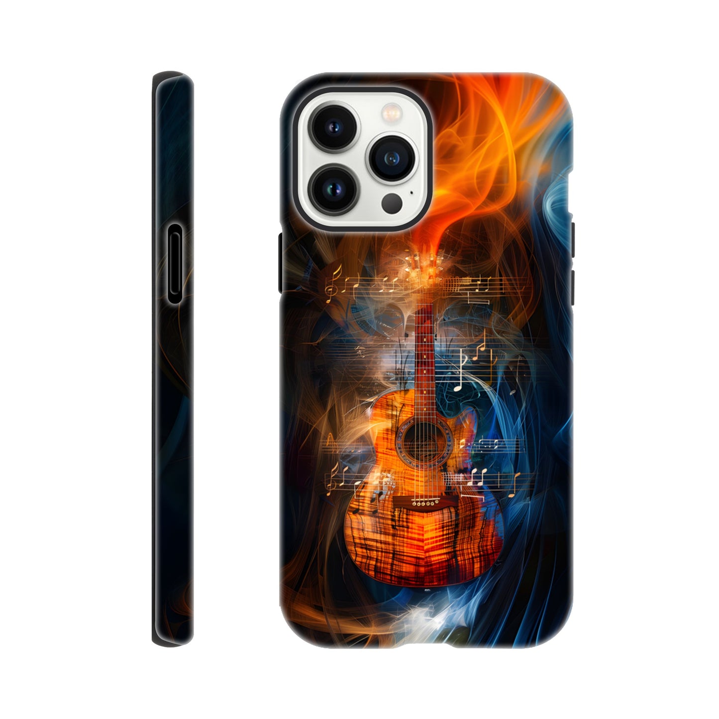 An Apple iPhone 13 Pro Max Phone Case with the following design on it: A Koa Guitar with musical notes swirling around it, blue and red smoke swirling around both the Guitar and notes, in the style of a digital art, dark blue background, orange glow on guitar, symmetrical composition, high resolution, hyper realistic, high contrast, vibrant colors, detailed textures of wood and strings