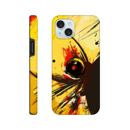 An Apple iPhone 15 Plus Phone Case with the following design on it : Abstract drawing of a humanoid insect hybrid figure,  red and black colors. In the style of comic brush strokes that creates a kind of frenetic energy with a light yellow background.