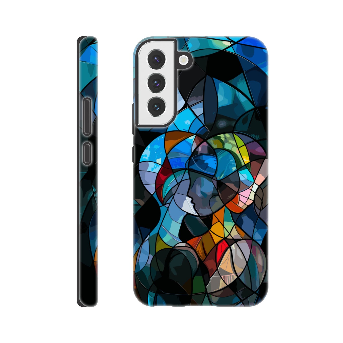 A Samsung Galaxy S22 Plus Phone Case with the following design: stained glass window of two people hugging, in the style of cubism, abstract shapes and lines, vibrant colors, dark background, hyper realistic 