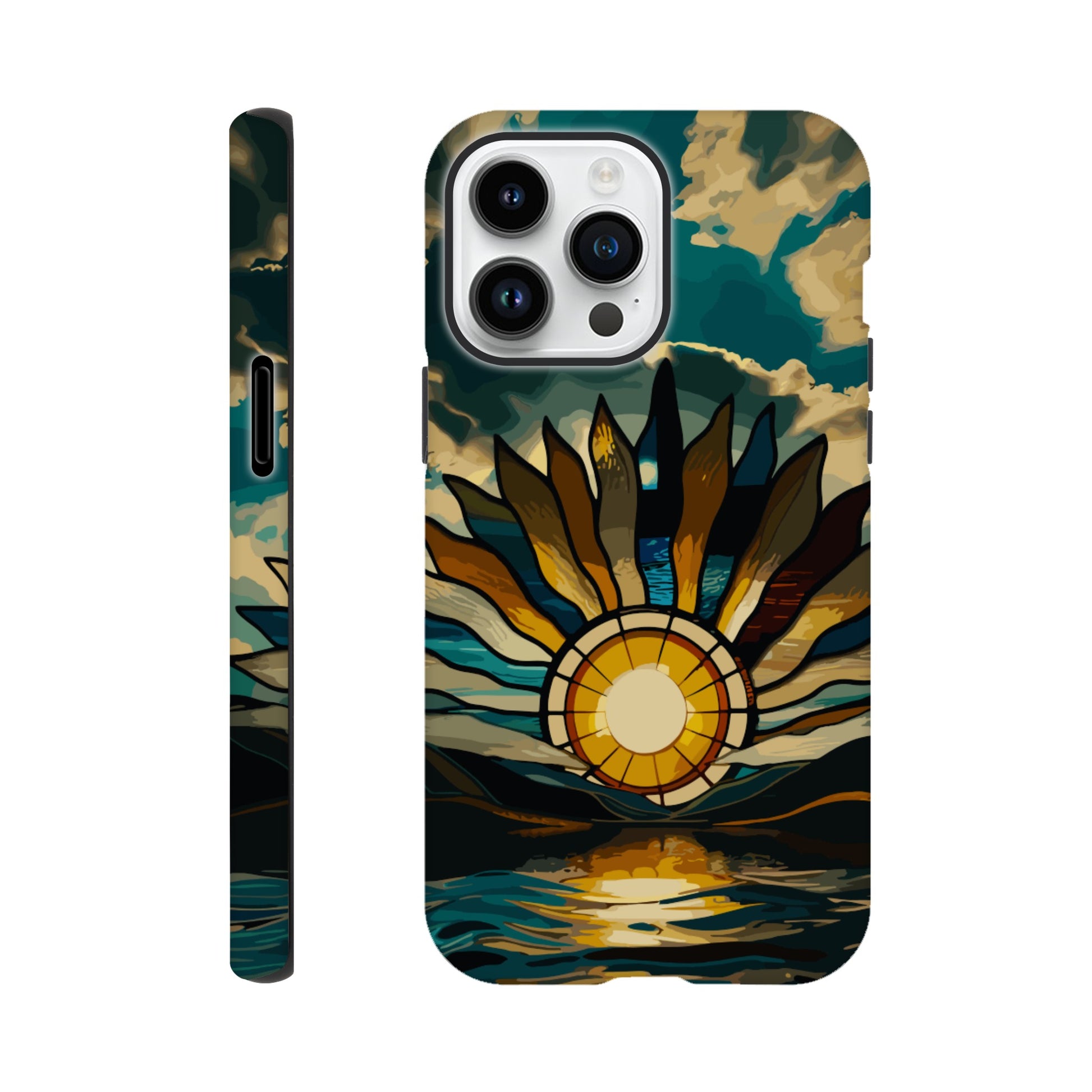 An iPhone 14 Pro Max Phone Case with the following design on it: A giant stained glass sun, with rays of light reflecting on the water below, in a cinematic, epic, fantasy art style