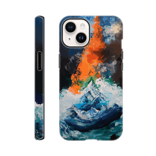 An Apple iPhone 14 Phone Case with the following design on it - the Mariana Trench engulfing Mount Everest, cartoonish surrealism, blue, white, green, orange, black