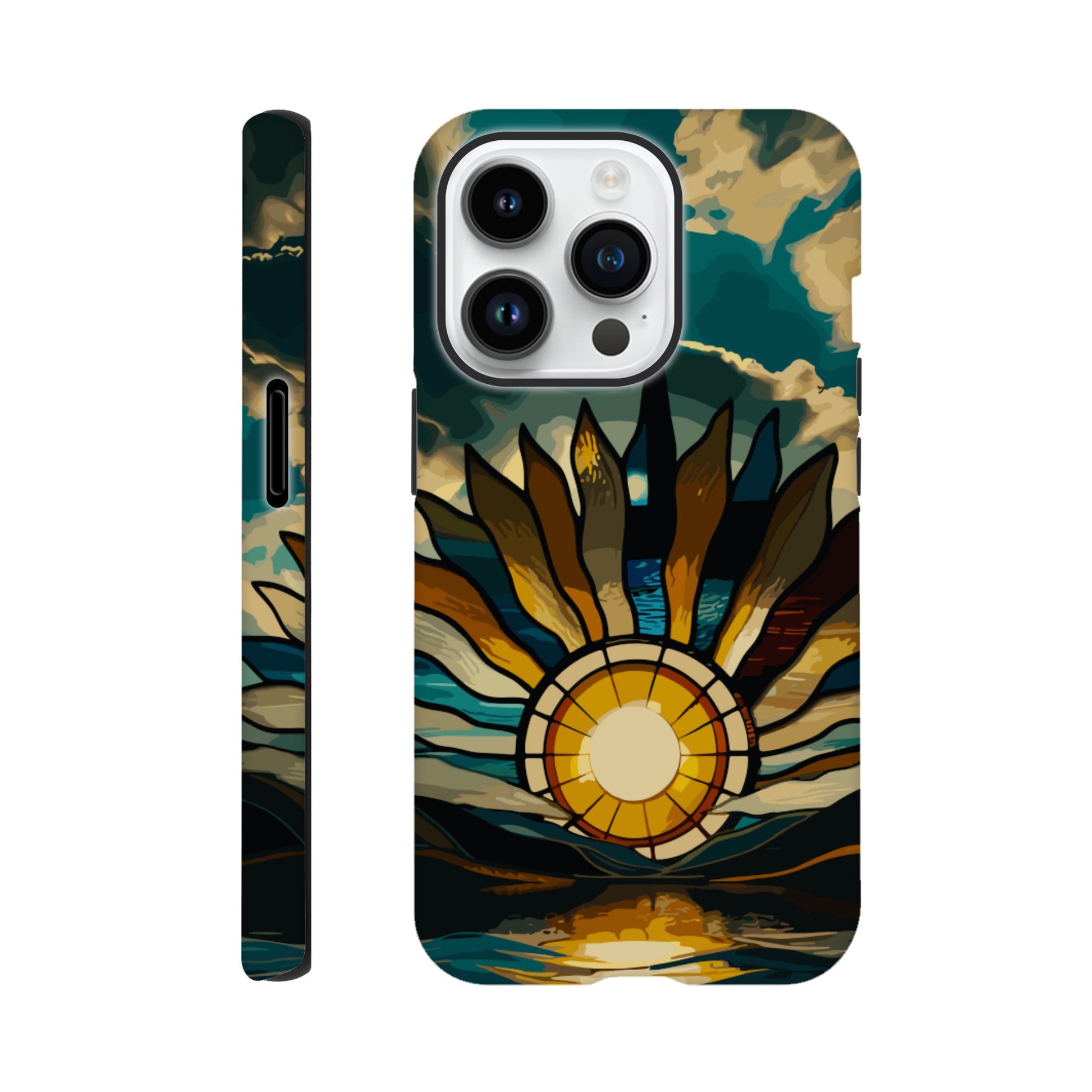 An iPhone 14 Pro Phone Case with the following design on it: A giant stained glass sun, with rays of light reflecting on the water below, in a cinematic, epic, fantasy art style