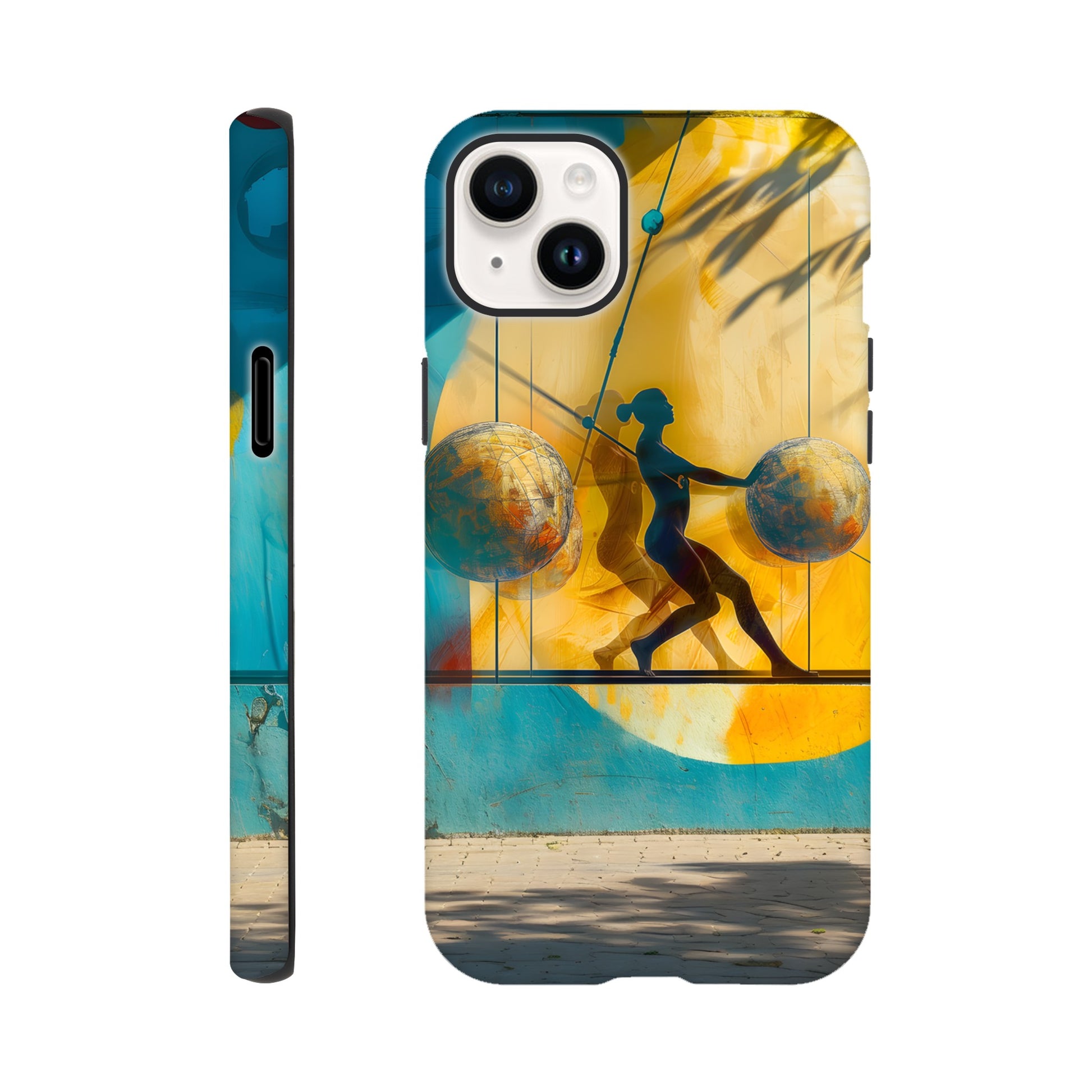 An Apple iPhone 14 Plus Phone Case with the following design on it: A colorful mural depicting the figure of a Female athlete with two circles and three spheres in yellow, blue, and red colors, painted on concrete walls. A woman is running between them while holding another sphere in her hand. The shadows cast by palm trees create dynamic patterns that highlight details like dots and lines, adding depth to the scene