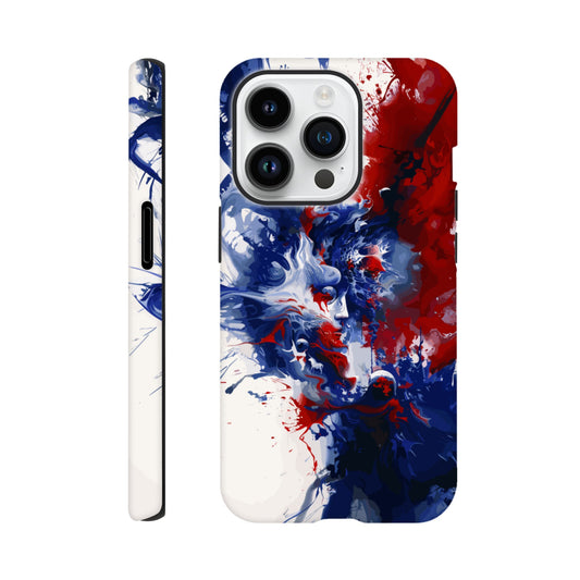 An Apple iPhone 14 Pro Phone Case with the following design on it: Abstract Blue and Red Painting, white background, ink painting, splash art in the style of ink painting, human profile in the middle which seems to be depicting someone in deep thought 