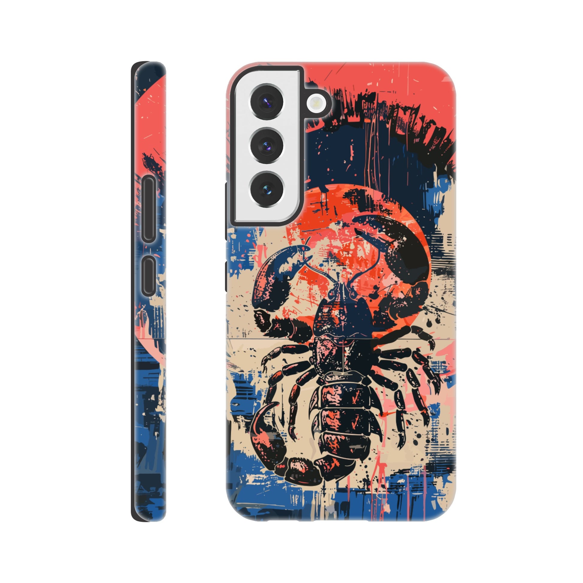 A Samsung Galaxy S22 Phone Case with the following design on it : A painting of a Scorpio with red accents, the Scorpio is the symbol for the astrological sign Scorpio, the Scorpio is positioned in the center against abstract blue and white brushstrokes, within a pink circle. The artwork has a splattered, chaotic background.