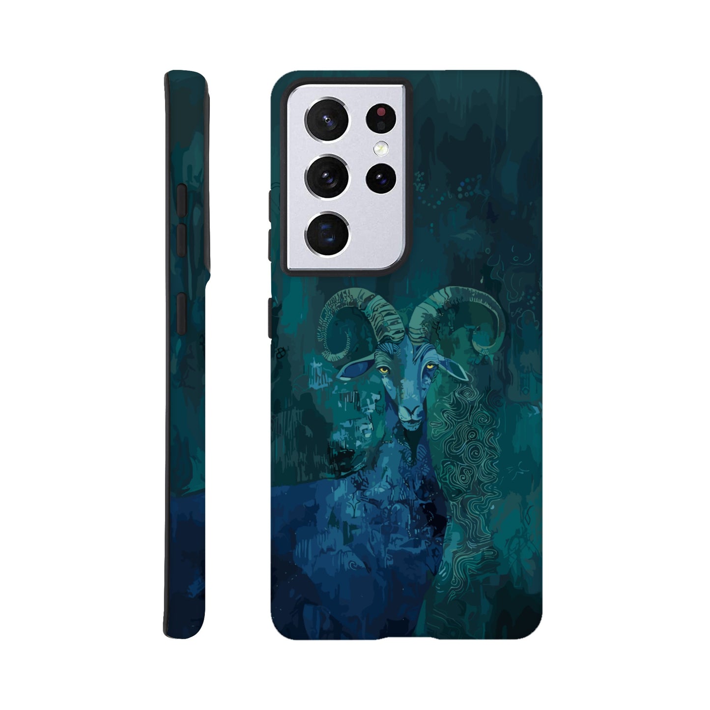 A Samsung Galaxy S21 Ultra Phone Case with the following design on it - a Sea Goat, the symbol of the zodiac sign for capricorn, fabric painting, dark green, indigo