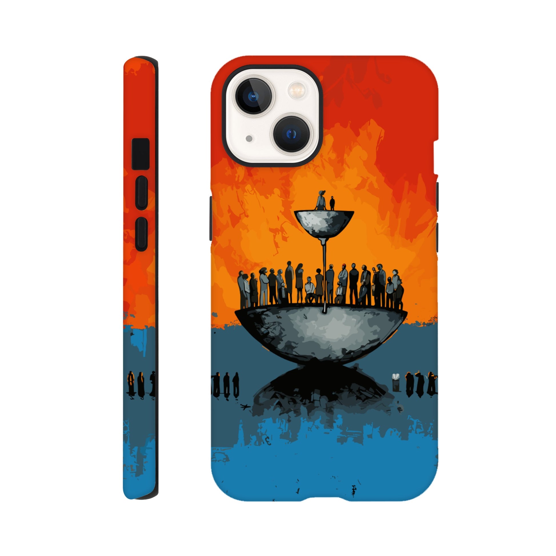 An Apple iPhone 13 Phone Case with the following design on it - A large person is sitting in a bowl of a weighing scale. There is a larger bowl beneath this with lots of people in it. Income Inequality is theme, pop art, blue, orange, black, and red