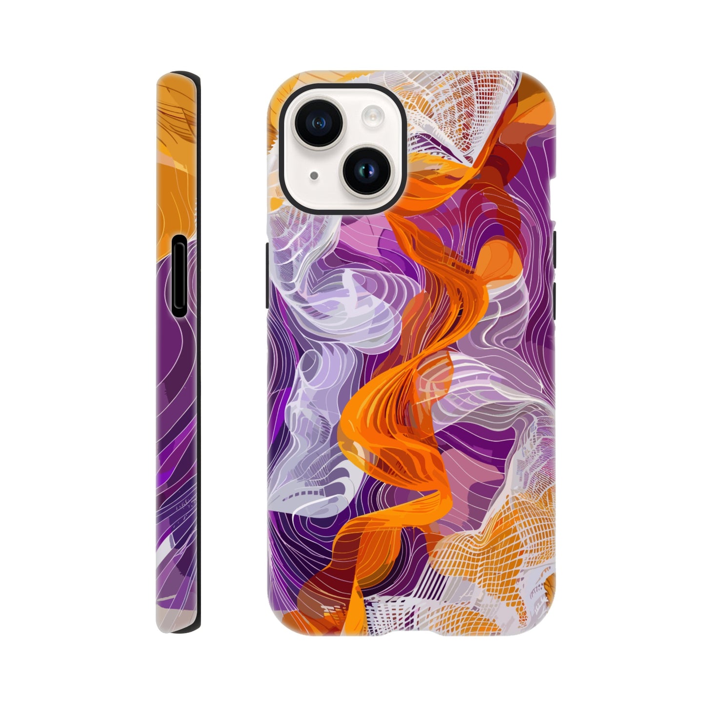 An Apple iPhone 14 Phone Case with the following design on it - A modern digital art piece of an abstract representation of waves and swirls, with orange and purple hues, composed from flowing lines in a white mesh pattern, creating the illusion that they flow like ribbons or threads. The background is a gradient of these colors, adding depth to the composition. This artwork symbolizes movement, fluidity, and dynamic energy through its intricate design.