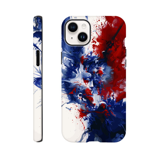 An Apple iPhone 14 Plus Phone Case with the following design on it: Abstract Blue and Red Painting, white background, ink painting, splash art in the style of ink painting, human profile in the middle which seems to be depicting someone in deep thought 