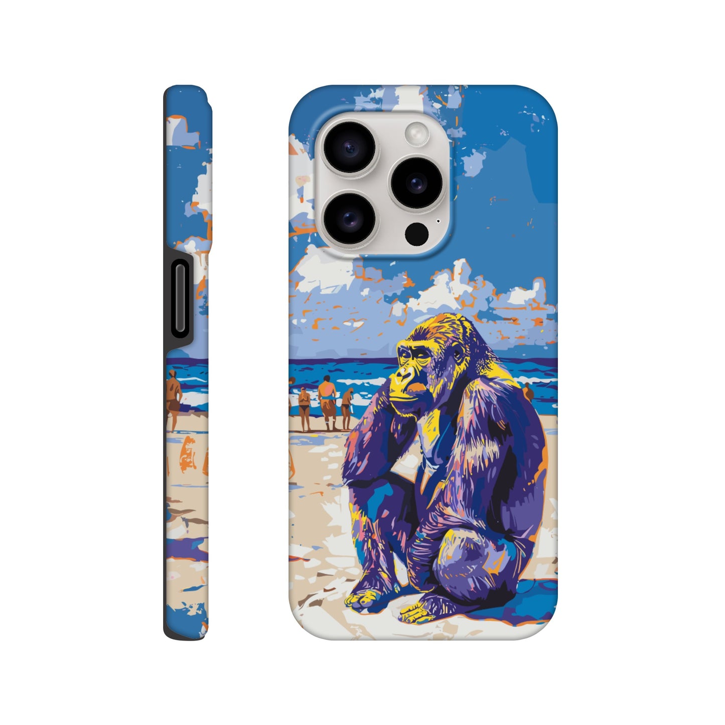 An iPhone 15 Pro with a design of a Gorilla at the beach thinking while a diverse group of people stroll along the beach in the background, royal blue, orange, purple, yellow, white, fauvism meets pop art