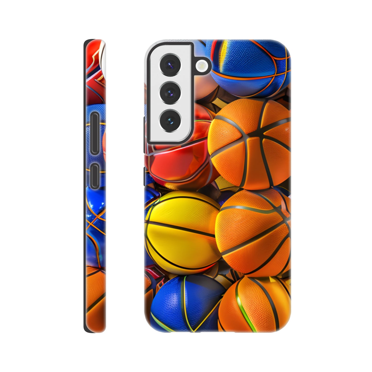 A Samsung Galaxy S22 Phone Case adorned with an image of a lot of basketballs, of a variety of primary colors, in the form of cube