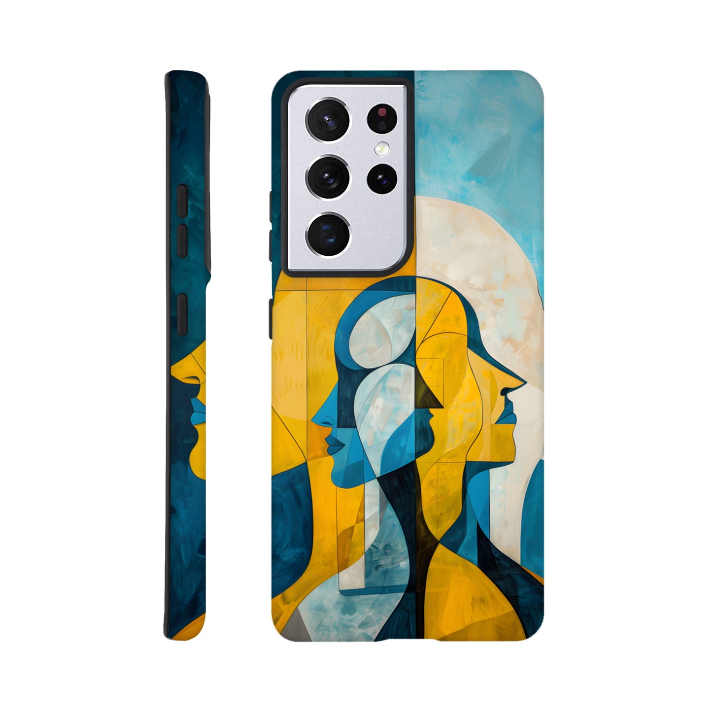 A Samsung Galaxy S21 Ultra Phone Case with the following design on it - the Gemini Astrological sign depicting twins facing away from one another, the twins are of no specific sexual or ethnic orientation, yellow, baby blue, white, cubism,