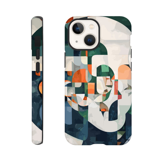 An iPhone 13 Mini Phone Case with the following design on it -A cubist-inspired portrait. The face is composed of geometric shapes and forms, with an abstract background that features soft gradients in shades of green, orange, blue, white, and grey. Abstract patterns surround the figure to create depth and movement against an emerald color palette.