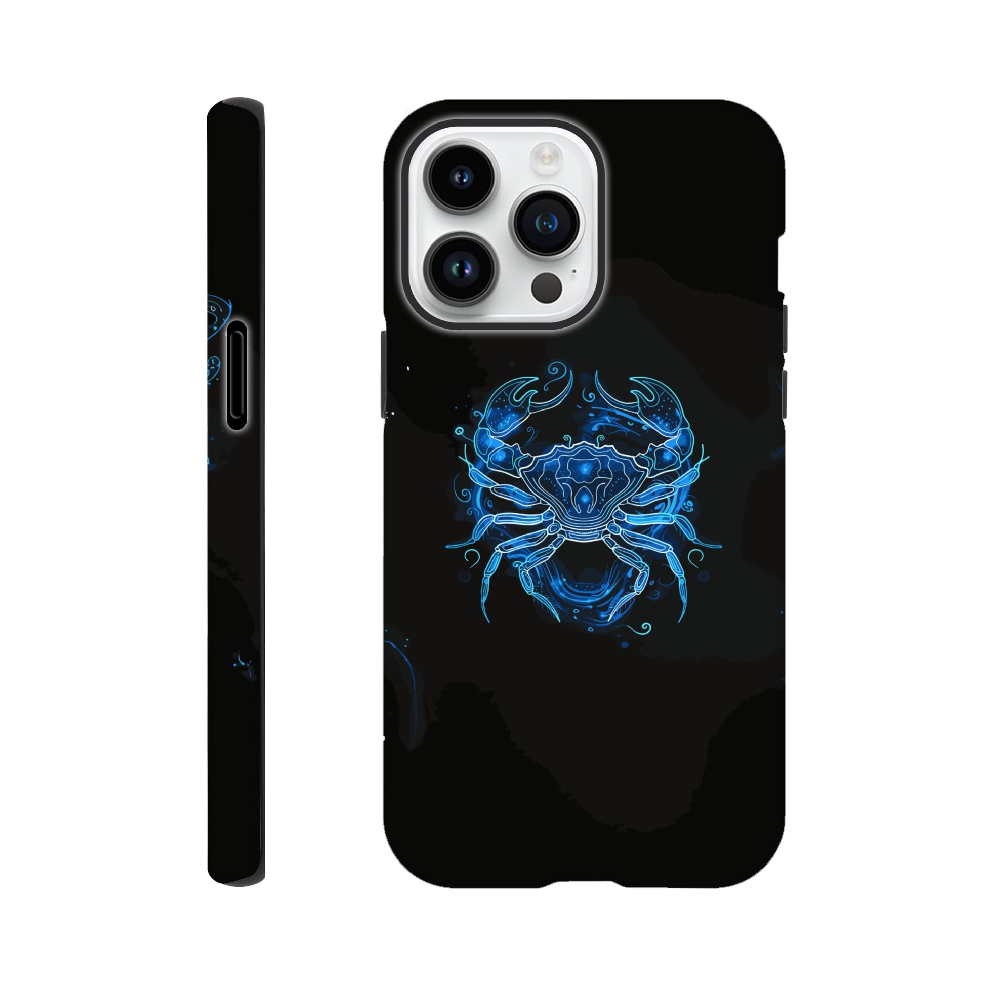 An Apple iPhone 14 Pro Max Phone Case with the following design - A simple white line drawing of the symbol for Cancer-a Crab, with blue outlines on black background. The design is minimalistic and elegant, focusing only on basic shapes to represent the zodiac sign's symbolism in astrology. It has an art deco style that highlights its curves and swirls, creating a sense of motion or energy within each curve.