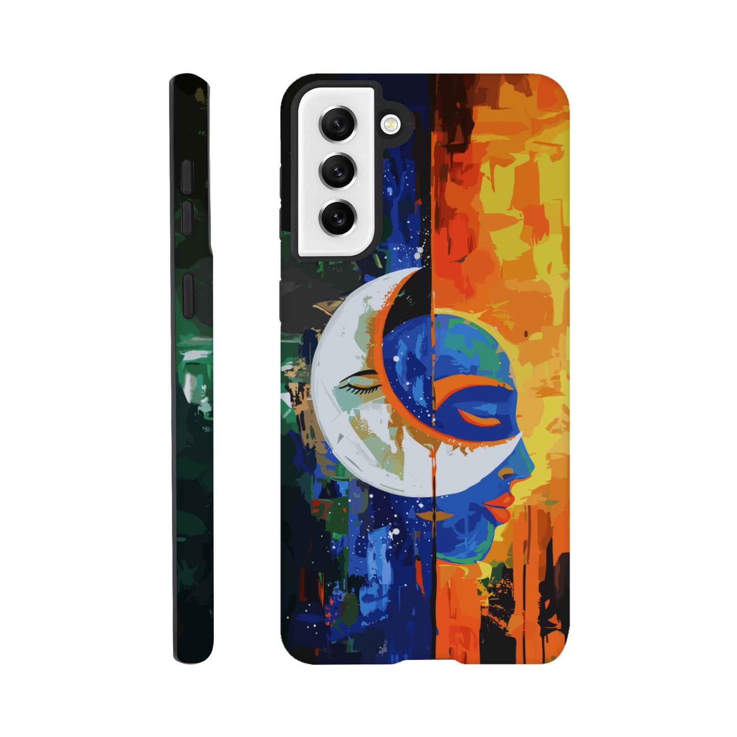 A Samsung Galaxy S21 Plus Phone Case with the following design on it - Abstract painting of a crescent moon and sun in the sky, half is orange blue green color with black silhouette of male face, other side has bright vibrant colors, abstract, modern art style