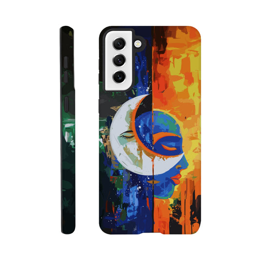 A Samsung Galaxy S21 Plus Phone Case with the following design on it - Abstract painting of a crescent moon and sun in the sky, half is orange blue green color with black silhouette of male face, other side has bright vibrant colors, abstract, modern art style