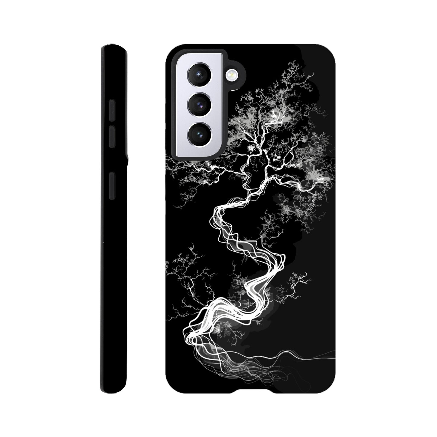 A Samsung Galaxy S21 Phone Case with the following design on it - a sketch of a white fractal tree against a black background