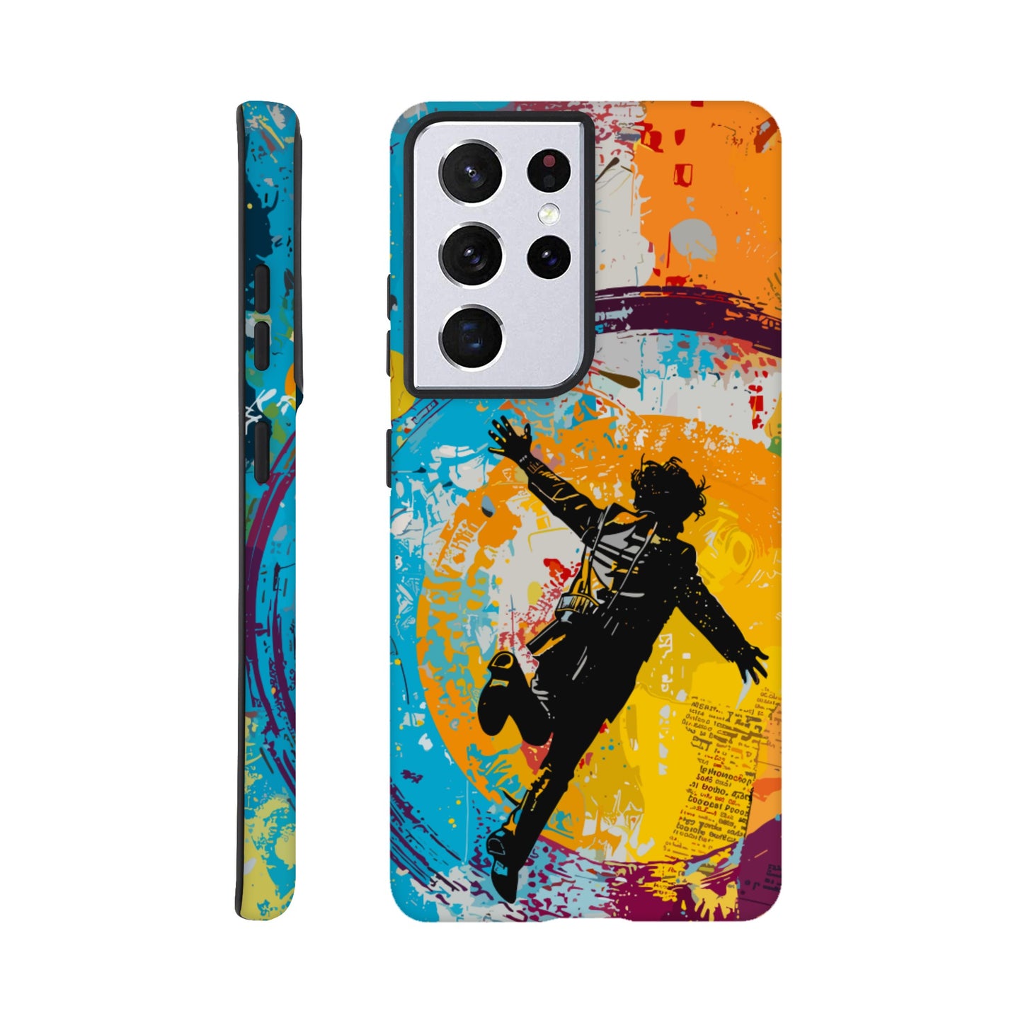 A Samsung Galaxy S21 Ultra Phone Case with the following design on it -A graffiti style painting of the back of a human male in a suit falling in mid-air, with bold colors. The background is filled with vibrant splashes of color and newspaper texture in the style of American pop art