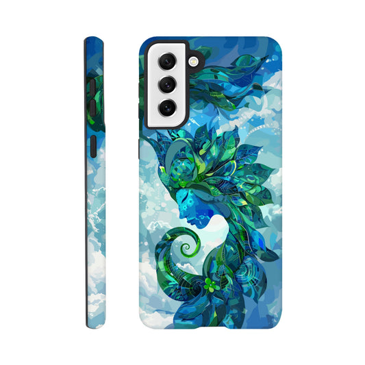 A Samsung Galaxy S21 Plus Phone Case with the following design on it: digital illustration of the symbol for the Zodiac symbol for Virgo, abstract Maiden, swirling in the sky with clouds and blue background, vibrant green and dark blues, digital art style, detailed shading, intricate details, fantasy elements, fantasy-inspired designs, fantasy realism