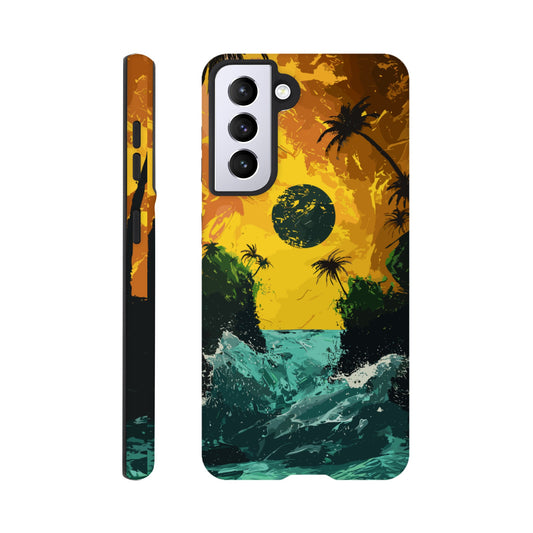 A Samsung Galaxy S21 Phone Case with the following design on it - Two green islands separated by a violent royal green sea: yellow orangish sky: black sun, alien looking palm trees, surrealism