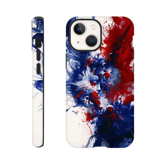 An Apple iPhone 13 Mini Phone Case with the following design on it: Abstract Blue and Red Painting, white background, ink painting, splash art in the style of ink painting, human profile in the middle which seems to be depicting someone in deep thought 