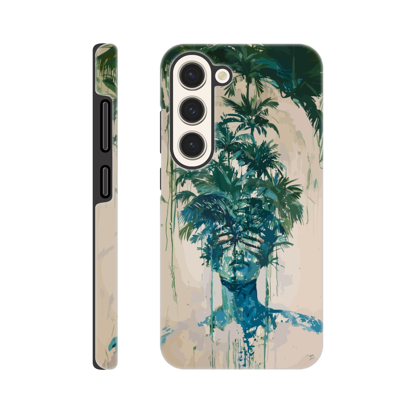 A Samsung Galaxy S23 phone case with the following design -the soulless look on the face of either a female or male human form that is self possessed and obscured by a dozen palm trees, green, blue, white, surrealism meets fauvism