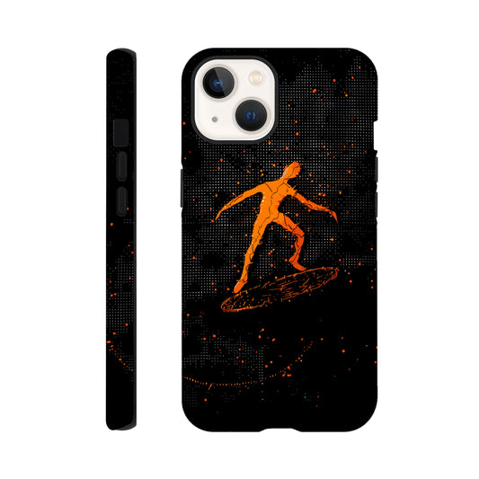 An Apple iPhone 13 Phone Case with the following design on it : orange glowing silhouette of a male surfer against a black background, in the style of digital art, dark orange and light amber, pointillist dot paintings, high resolution, symmetrical grid-like patterns, minimalist figures, glitched edges