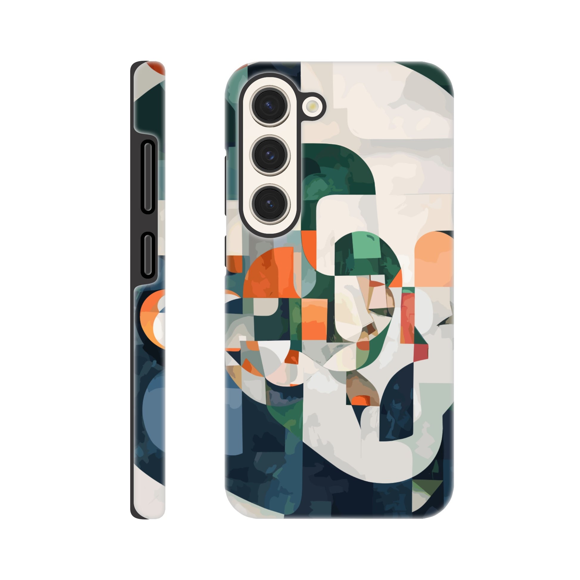 A Samsung Galaxy S23 Phone Case with the following design on it - A cubist-inspired portrait. The face is composed of geometric shapes and forms, with an abstract background that features soft gradients in shades of green, orange, blue, white, and grey. Abstract patterns surround the figure to create depth and movement against an emerald color palette.