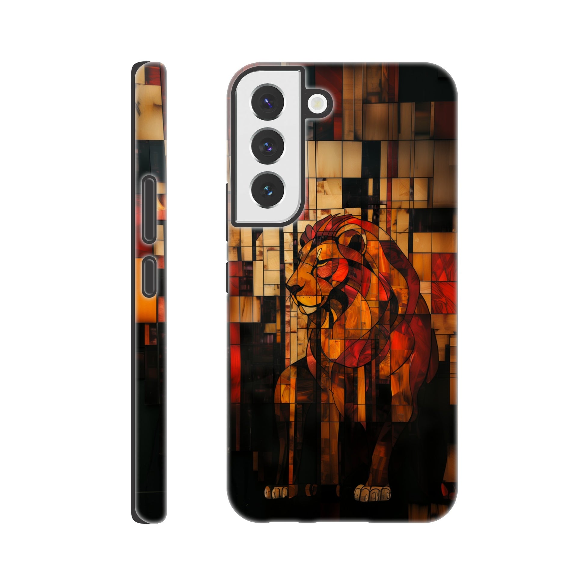 A Samsung Galaxy S22 Phone Case with the following design on it - The Zodiac symbol for Leo - a Lion made of geometric shapes, composed of red and brown blocks. The background is dark with a blurred effect. In the style of stained glass